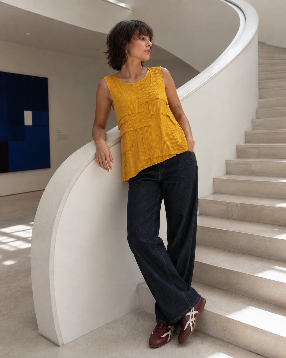 Kim Rogers Golden Mustard Pleated Tiered Sleeveless Top Size M NWT